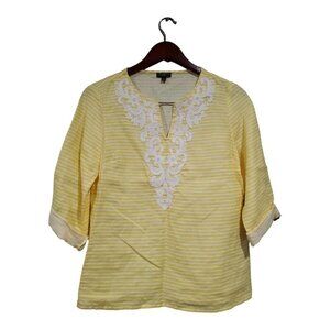 Talbots Womens Linen Beaded Applique Top Yellow White Striped V Neck Sz S Petite